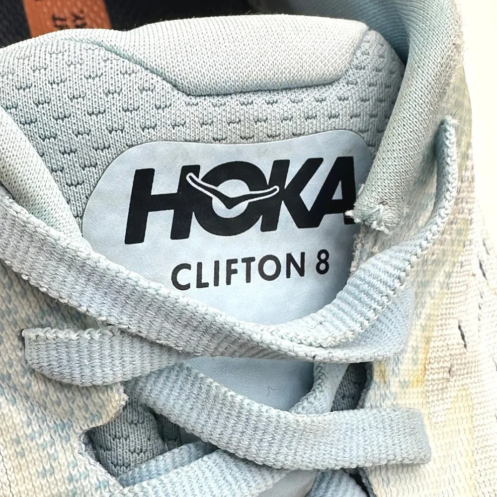 Hoka One One Clifton 8 Summer Song/Ice Flow Women Running Shoes Blue Orange 8.5
